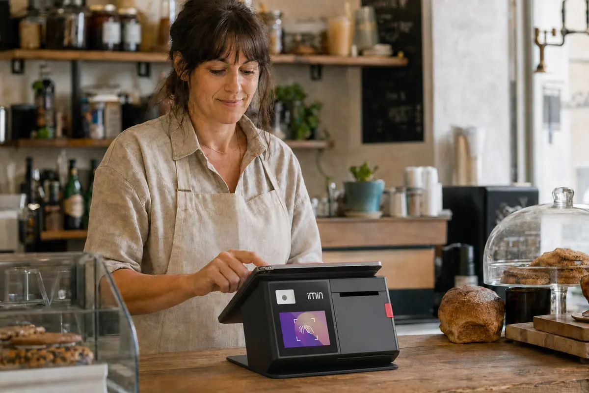 Commerçante derrière son comptoir utilisant un TPV compact avec afficheur client